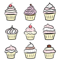 set of cream pies decorated with cherries and candles, birthday celebration, heart-shaped cherry, Valentines day card, isolated on white background, multicolored fill