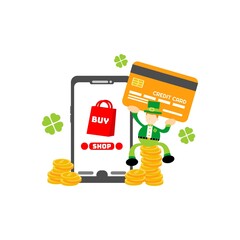 leprechaun and store online shop credit card payment cartoon flat design illustration