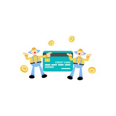 fun clown and credit card finance service cartoon flat design illustration