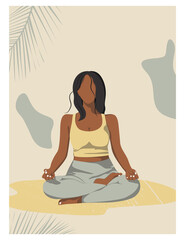 Girl sits in a lotus position on the background of plants, meditates. Conceptual vector illustration poster for yoga, meditation, relaxation, rest, healthy lifestyle