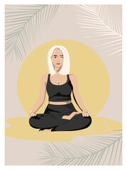 Fototapeta na wymiar Girl sits in a lotus position on the background of plants, meditates. Conceptual vector illustration poster for yoga, meditation, relaxation, rest, healthy lifestyle
