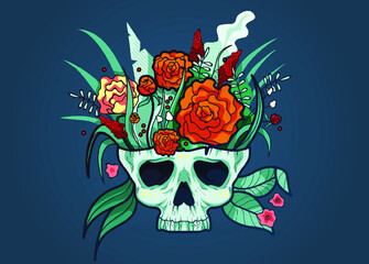 Scull with flowers. Happy Halloween, Dia de los muertos, T-shirt print design or sticker