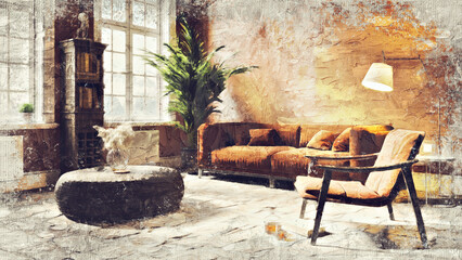 Obraz premium Modern beautiful interior of the room with colored walls, large windows and stylish furniture. The image is stylized as an oil painting. Bright and stylish design. 3D rendering