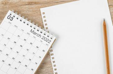 March 2022 desk calendar with blank paper sheet for your text or message