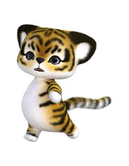 3D rendering of an adorable happy cute furry tiger isolated in white background