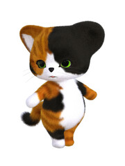 3D rendering of an adorable happy cute furry Calico kitten isolated in white background