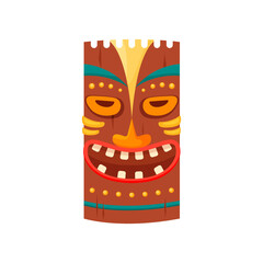 Tiki mask tribal. Hawaiian totem or african maya aztec wooden idol isolated on white background. Ethnic ritual head, polynesian statue, cartoon style vector