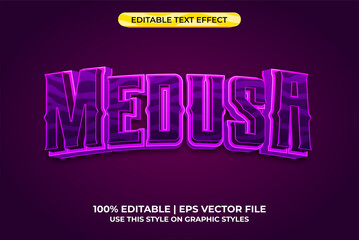 Medusa 3d text effect with toxic and mythology theme. purple typography template for game or film tittle.