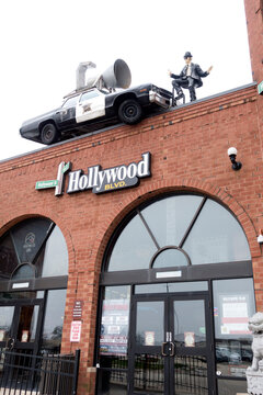 Hollywood Boulevard Cafe on the roof with the Blues Brother, Dan Akroyd, revamped police car and loud speaker.  Woodridge Illinois IL USA