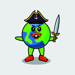 Cute cartoon mascot character earth pirate with hat and holding sword in modern design for t shirt, sticker, logo element
