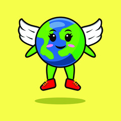 Cute cartoon earth character wearing wings in modern style design for t-shirt, sticker, logo element, poster