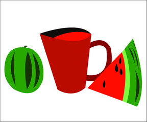 A red cup with red juice and a piece of watermelon. This illustration can be used as an advertising concept for juice making. Vector illustration, isolated.