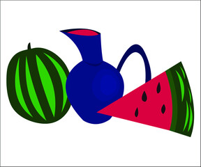 A blue jug with pink juice and a piece of watermelon. This illustration can be used as an advertising concept for juice making. Vector illustration, isolated.