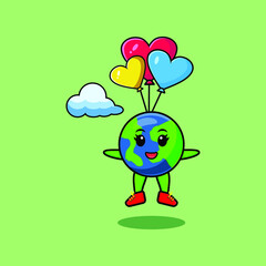 Cute cartoon Earth mascot is skydiving with balloon and happy gesture cute modern style design for t-shirt, sticker, logo element