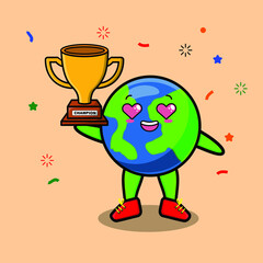 Cute Cartoon character illustration of earth is holding up the golden trophy with happy gesture, cute modern style design for t-shirt, sticker, logo element