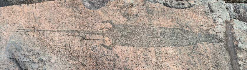 Otter, one of the prehistoric petroglyph stone carvied pictures of cape Besov Nos of the Onega lake in Karelia, Russia. Stone age native art