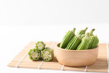 Green okra or ladies' fingers (Edible green seed pods), Organic vegetables from local farmer market