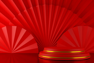 Red round podium stage with paper art fan Chinese style background for Chinese New Year concept, 3D Rendering.