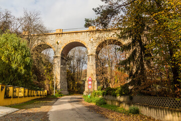 Fototapeta na wymiar Railway viaduct in Hlubucepy in Prague, Czech Republic