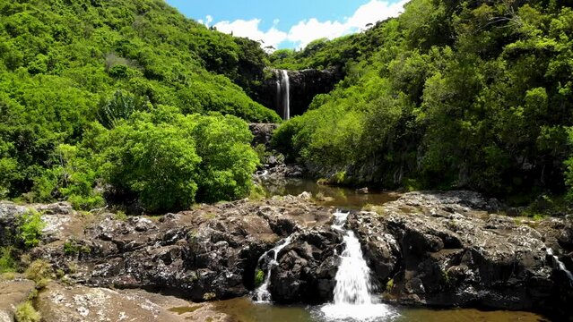 Aerial shot of 7 cascade waterfalls in Mauritius