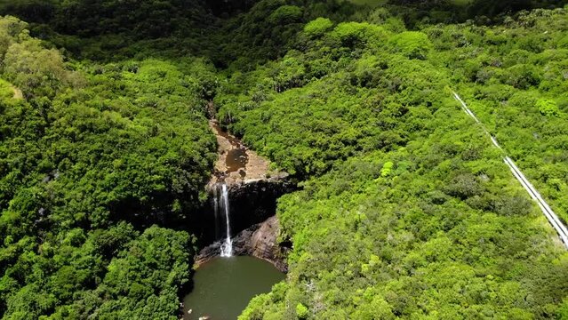 Aerial shot of 7 cascade waterfalls in Mauritius