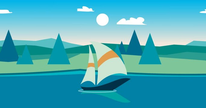 parallax animation of sailing ship with green scenery panning moving sideways