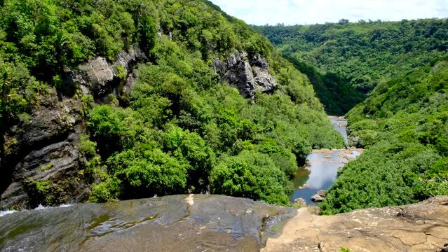 Aerial shot of 7 cascade waterfalls in Mauritius