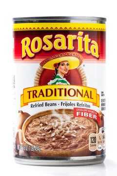 Los Angeles, CA, USA January 12th, 2022Tin Can Of Rosarita Brand Refried Beans On White Background