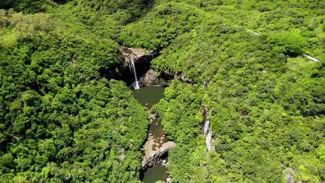 Aerial shot of 7 cascade waterfalls in Mauritius
