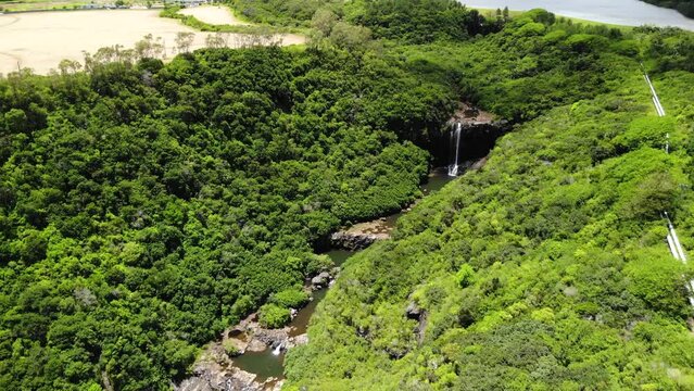 Aerial shot of 7 cascade waterfalls in Mauritius