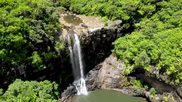 Aerial shot of 7 cascade waterfalls in Mauritius