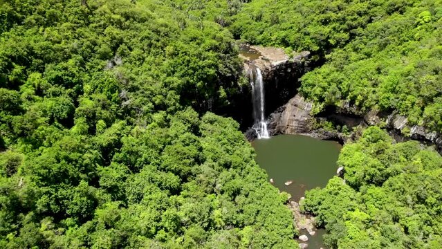 Aerial shot of 7 cascade waterfalls in Mauritius