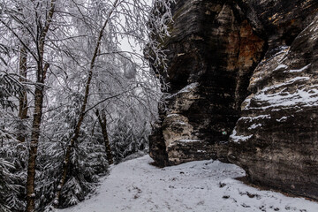 Winter view of a landscape of Tiske steny rocks, Czech Republic