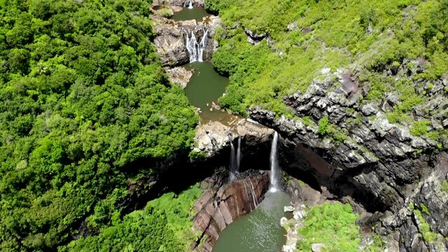 Aerial shot of 7 cascade waterfalls in Mauritius