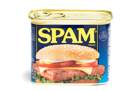 Los Angeles, CA, USA February 1st, 2022 Hormel foods brand Spam Tin on White Background	