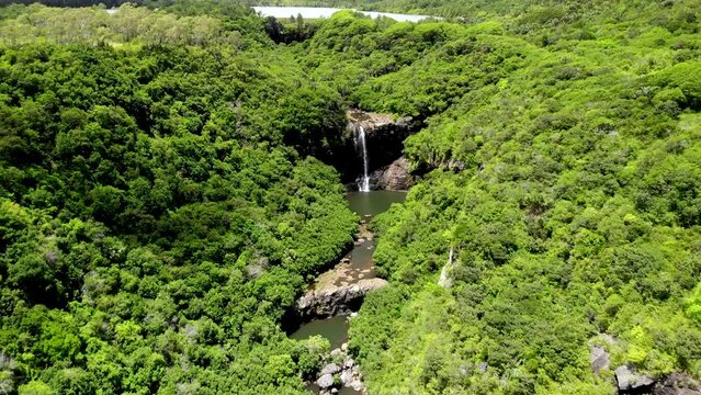Aerial shot of 7 cascade waterfalls in Mauritius