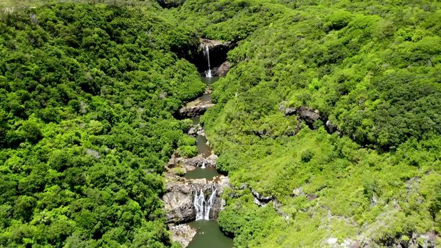 Aerial shot of 7 cascade waterfalls in Mauritius