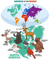 educational illustration with cartoon North American animals