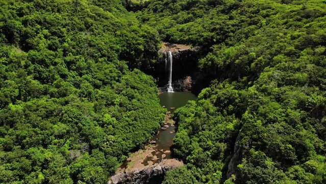 Aerial shot of 7 cascade waterfalls in Mauritius