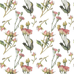 Seamless pattern watercolor pink rose bud and carnation and green leaves isolated on white background. Spring summer hand-drawn flower for a wedding, March 8 celebration. Art for a postcard, sticker