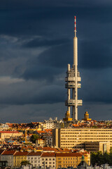 Stormy sky behind Zizkovska vez tower in Prague, Czech Republic