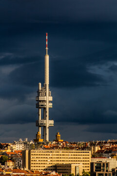 Stormy sky behind Zizkovska vez tower in Prague, Czech Republic