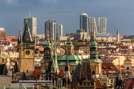 Old and new towers of Prague, Czech Republic