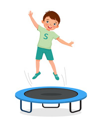 little boy jumping on a trampoline having fun playing outdoor sport activity