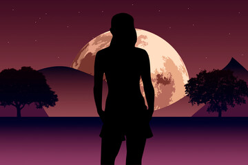 mujer joven aprecia la gran luna ante el monte