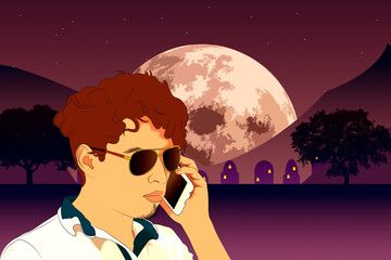 joven en junta ante la gran luna y el campo © Omar