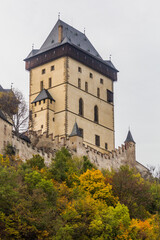 Autumn view of the tower of Karlstejn castle, Czech Republic