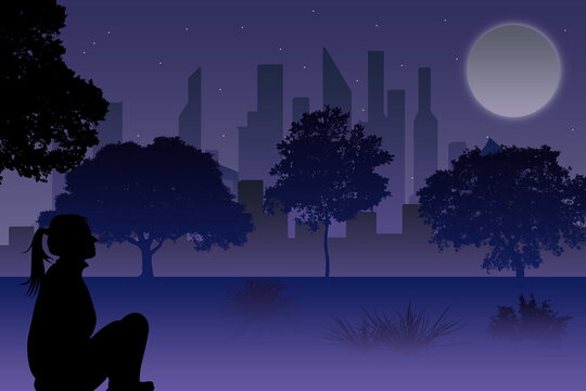 mujer admirando la hermosa ciudad de noche ante la luna