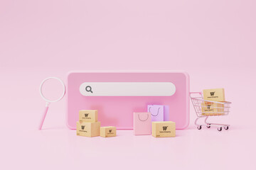 Online shopping concept. Web or mobile application ecommerce. Smartphone with carton paper box with shopping cart and magnifying glass on pink background with search bar. 3d rendering