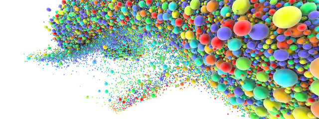 Abstract art with surreal growing splash fluid. Small colored foam balls bubbles particles in movement.